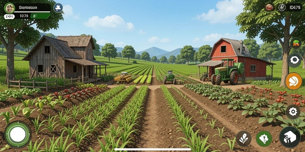 Tampilan gameplay ID678 yang menampilkan kebun yang subur dan hewan ternak.