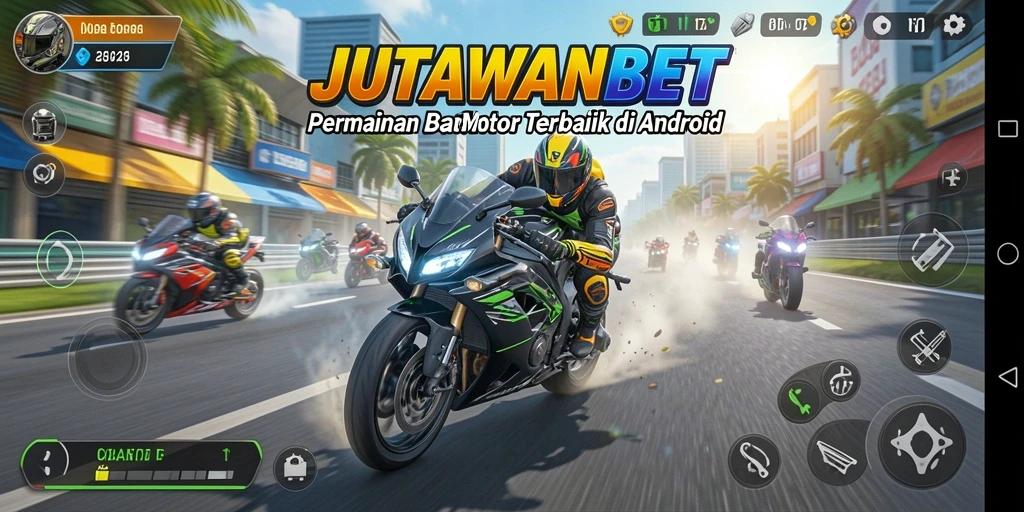 Screenshot utama JUTAWANBET menunjukkan aksi balap motor seru di lintasan.