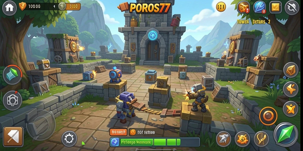 Screenshot POROS77 menampilkan menara yang strategis dalam Tower Defense.