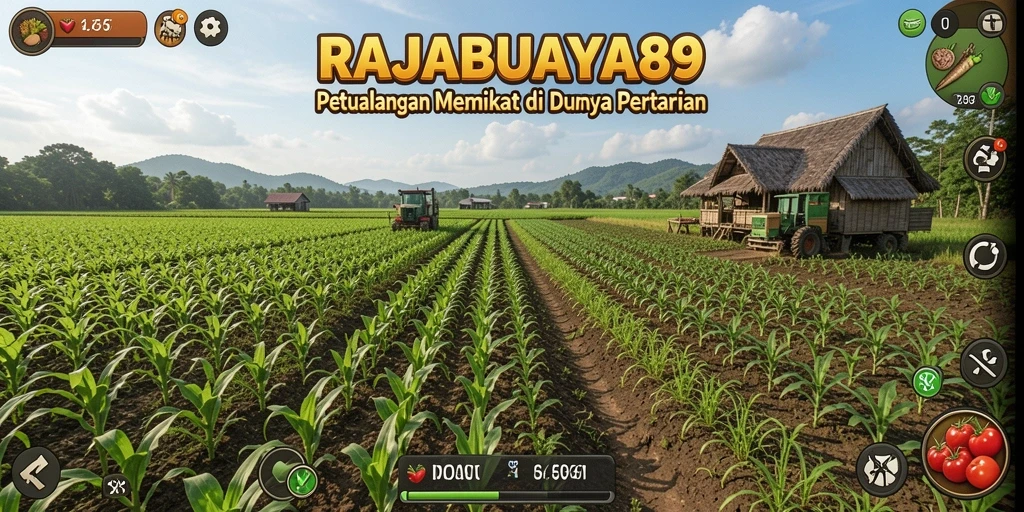 Screenshot gameplay RAJABUAYA89 dengan kebun yang subur dan hewan ternak.